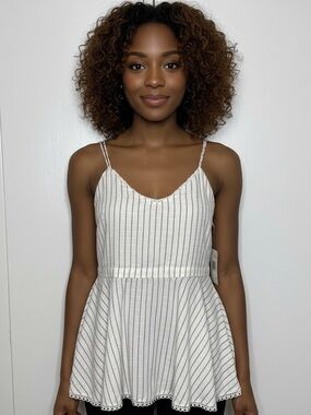 Buffalo David Bitton White Striped Strap Women Tank 100% Linen Size M - NWT!